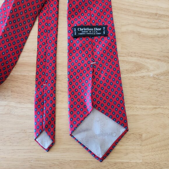 Vintage Christian Dior Made in USA 100% Italian Silk Diamond Neck-Tie Blue Red - Picture 4 of 5